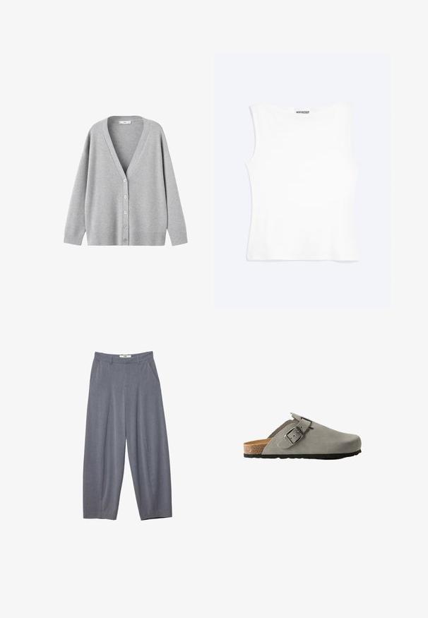 Lysegrå, langærmet strikket cardigan med V-hals og fem hvide knapper foran, ribbede manchetter og kant.; Hvid tætsiddende ærmeløs tanktop med rund halsudskæring og minimalistisk design, mærket "WEEKDAY" indeni kraven.; Stradivarius SMART BAGGY WITH SEAM DETAIL - Bukser - grey; Grå ruskindsklipklapper med en sål af kork og gummi, prydet med et metalspænde og et åbent bagside-design. Glat tekstur og rund tåform.