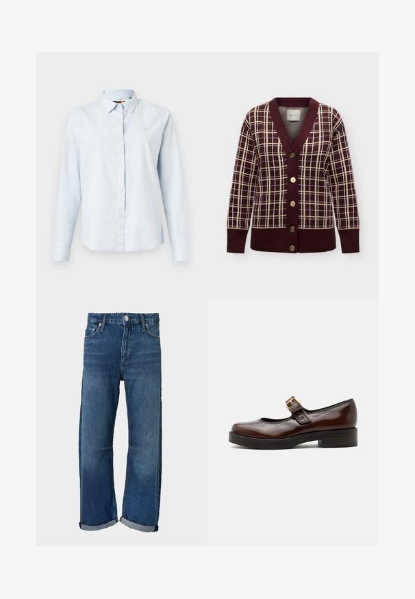 Cardigan bordeaux avec motif à carreaux beige et blanc, boutonné sur le devant, poignets et ourlet côtelés, col en V.; Chemise à manches longues bleu clair avec un col pointu, fermeture à boutons et tissu doux. Présente un petit logo brodé sur la poitrine.; Jean en denim bleu avec taille élastique, bouton à l'avant, revers roulés et poches visibles à l'avant et à l'arrière.; Chaussure Mary Jane marron foncé avec finition brillante, bout arrondi, petit talon bloc et bride avec boucle dorée sur le cou-de-pied.