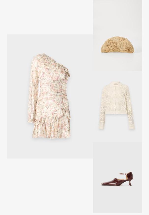 Hvid hæklede cardigan med krave, prydet med et indviklet firkantet mønster, lange ærmer og bølgede kanter. Knaplukning foran.; Énstropblomstret kjole i let stof med flæser, lange ærmer, detaljer med rynker og en lagdelt kant i pastelfarver.; Bordeaux laklæder sko med spids tå, ankelrem og en 5 cm skrå hæl. Glat tekstur og minimalistisk design.; Vanessa Bruno Clutches - naturel