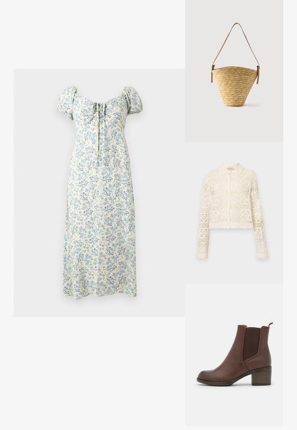 Cardigan en crochet blanc avec un col, présentant un motif carré complexe, des manches longues et des bords festonnés. Fermeture à boutons à l'avant.; Robe midi crème à imprimé floral bleu, manches bouffantes, encolure carrée froncée et détail noué à l'avant.; Bottine en cuir marron, avec une finition lisse, des panneaux latéraux élastiques, un bout arrondi et un talon en bois modéré.; Sac seau en paille tissée avec une base large, un sommet étroit et une bandoulière en cuir marron ajustable.