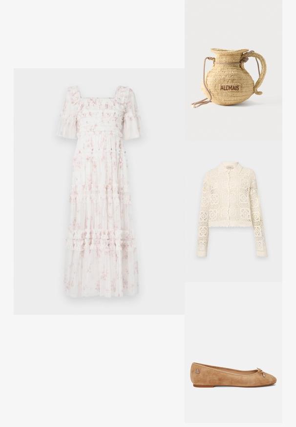 Cardigan en crochet blanc avec un col, présentant un motif carré complexe, des manches longues et des bords festonnés. Fermeture à boutons à l'avant.; Robe midi blanche à motifs floraux roses, corsage smocké, manches volantes et jupe à volants superposés avec fronces horizontales et texture transparente.; Ballet en daim beige avec un léger bout pointu, un accent en nœud sur le devant et un petit logo métallique sur le talon. Semelle plate.; Sac à main rond en paille tissée avec une anse en corde et "ALEMAIS" brodé sur le côté en fil marron.