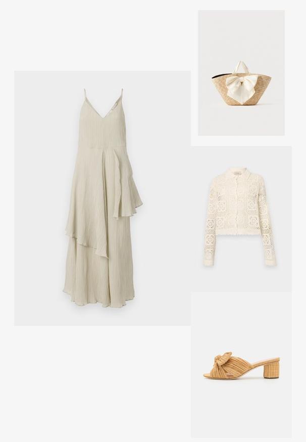 Witte gehaakte cardigan met een kraag, voorzien van een ingewikkeld vierkant patroon, lange mouwen en gegolfde randen. Knopenluiting aan de voorkant.; Crème-kleurige jurk met een V-halslijn, dunne bandjes en een vloeiende, gelaagde uitstraling met textuurplooien en asymmetrische zomen.; Beige gevlochten open teen haksandalen met een geknoopte accent op de bovenzijde en een getextureerde blokhak voor stabiliteit.; Gevlochten strooien draagtas met crèmekleurige stoffen handvatten en een grote decoratieve crèmekleurige strik aan de voorkant, op een effen achtergrond.