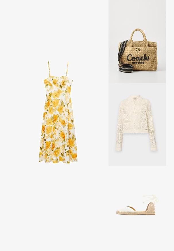 Witte gehaakte cardigan met een kraag, voorzien van een ingewikkeld vierkant patroon, lange mouwen en gegolfde randen. Knopenluiting aan de voorkant.; Mango FLORAL MIDI - WITH GATHERED NECKLINE - Jurk - yellow; Witte espadrille plat met gevlochten jutezool, geweven gestructureerde hielkap en bindlinten rond de enkel op een witte achtergrond.; Geweven rieten handtas met dubbele handvatten bovenaan, zwart geborduurd "Coach New York" logo, gouden hardware en een afneembare gestreepte schouderriem.