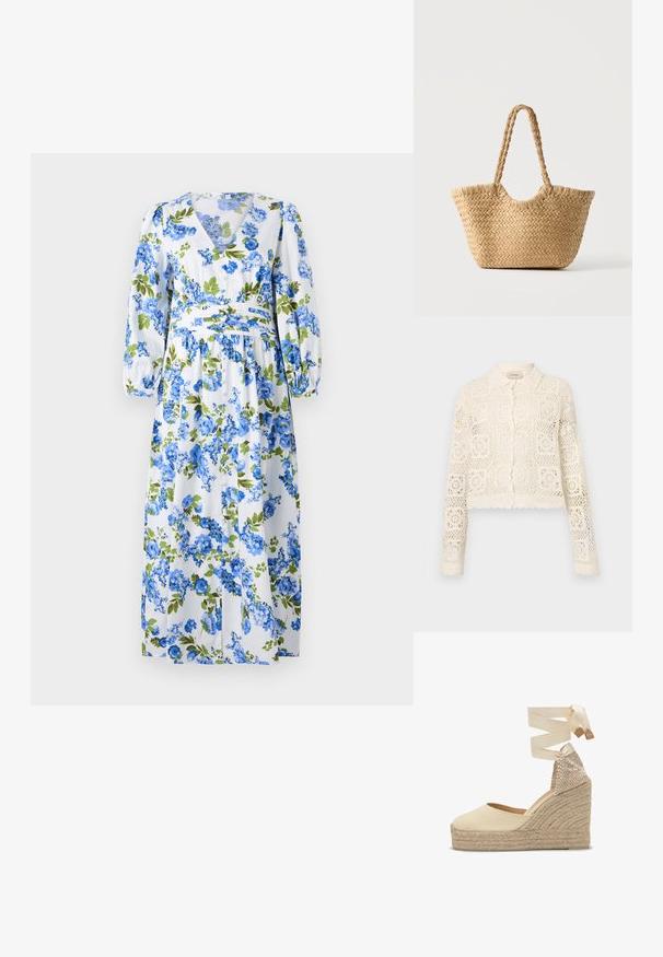 Cardigan en crochet blanc avec un col, présentant un motif carré complexe, des manches longues et des bords festonnés. Fermeture à boutons à l'avant.; Robe maxi florale avec un fond blanc ornée de motifs de fleurs bleues et vertes, décolleté en V, manches bouffantes longues et taille cintrée.; Compensée en toile beige avec plateforme en jute tressé et liens à nouer autour de la cheville en tissu assorti.; Sac cabas en paille tressée avec large base, poignées tressées et couleur beige naturel sur fond blanc uni.