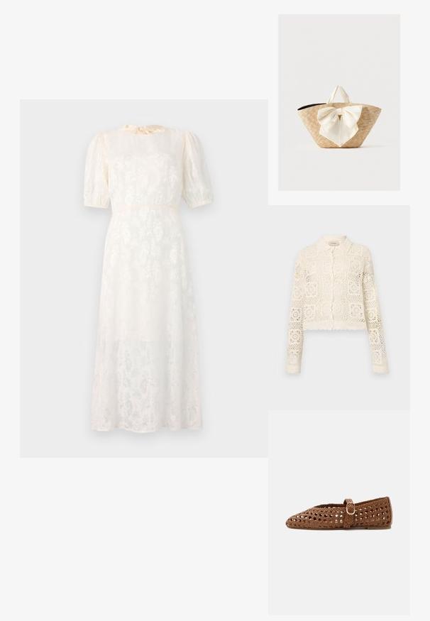 Hvid hæklede cardigan med krave, prydet med et indviklet firkantet mønster, lange ærmer og bølgede kanter. Knaplukning foran.; Hvid, blomsterpræget kjole lavet af letvægtsstof, med korte puffærmer og en knyttet halsudskæring, samt en svævende, knælang silhuet.; Brun flettet flad sko med justerbar rem og guldsplint, der har lukket tå og åndbart gitterdesign.; Vævet stråtote taske med cremefarvede stofhåndtag og en stor dekorativ cremebue foran, mod en ensfarvet baggrund.