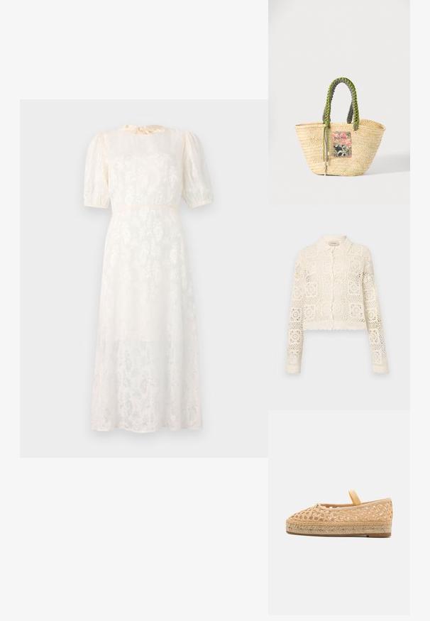 Witte gehaakte cardigan met een kraag, voorzien van een ingewikkeld vierkant patroon, lange mouwen en gegolfde randen. Knopenluiting aan de voorkant.; Witte jurk met bloemenpatroon, gemaakt van lichte stof, met korte puffmouwen en een gestrikte halslijn, en een vloeiende, knielange Silhouet.; Loeffler Randall KAYLA - Espadrilles - natural; Geweven beige strooien tas met gevlochten groene en zwarte handvatten en een kleurrijke rechthoekige patch aan de voorkant.