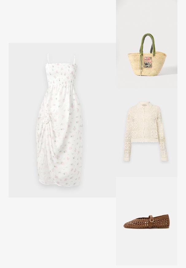 Hvid hæklede cardigan med krave, prydet med et indviklet firkantet mønster, lange ærmer og bølgede kanter. Knaplukning foran.; Hvid kjole med smocket forstykket, tynde stropper og blomsterprint i pink. Har samlet stof med en sideknude og slids.; Brun flettet flad sko med justerbar rem og guldsplint, der har lukket tå og åndbart gitterdesign.; Vævet beige stråtaske med flettede grønne og sorte håndtag og en farverig rektangulær lap foran.
