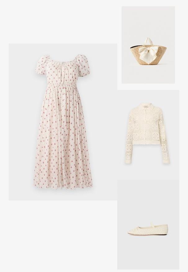 Hvid hæklede cardigan med krave, prydet med et indviklet firkantet mønster, lange ærmer og bølgede kanter. Knaplukning foran.; Blomstret kjole lavet af letvægtsstof, med firkantet halsudskæring, korte puffærmer, elastisk talje og en beige baggrund med røde blomster.; Balletflade i vævet cremefarvet materiale, spidse tå, med en lille sløjfedetalje foran og en rem hen over toppen. Flad sål.; Vævet stråtote taske med cremefarvede stofhåndtag og en stor dekorativ cremebue foran, mod en ensfarvet baggrund.