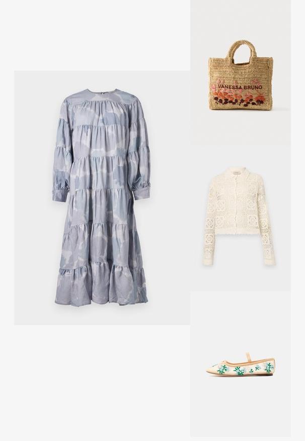 Witte gehaakte cardigan met een kraag, voorzien van een ingewikkeld vierkant patroon, lange mouwen en gegolfde randen. Knopenluiting aan de voorkant.; Blauwe gelaagde jurk van zachte stof. Heeft een ronde halslijn, lange mouwen met geplooide manchetten en een vloeiende gerafelde zoom.; Beige balletschoen met een puntige neus, enkele band en groen- en lichtblauwe bloemenborduursels aan de doorschijnende zijkanten.; Handgeweven tan raffia boodschappentas met afgeronde handvatten, geborduurd met "VANESSA BRUNO" en roze, oranje en paarse bloemenontwerpen.