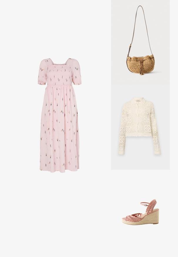 Hvid hæklede cardigan med krave, prydet med et indviklet firkantet mønster, lange ærmer og bølgede kanter. Knaplukning foran.; Lyserød bomulds maxi-kjole med korte puffærmer, smocked liv, blomsterbroderimønster og en flydende nederdel.; Lyserød flettet kile-sandal med ankrem og flettet jute-kilehæl, åben tå-design, sidevisning på hvid baggrund.; Lille tanfarvet vævet skuldertaske med justerbar brun læderstrop og læderdetalje foran hængende mod hvid baggrund.