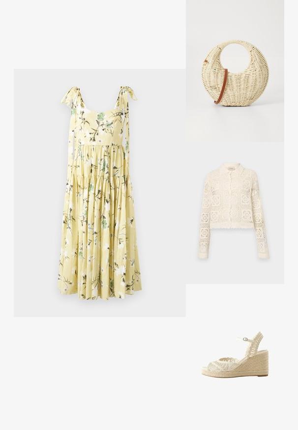 Cárdigan blanco de ganchillo con collar, que presenta un intrincado patrón cuadrado, mangas largas y bordes en forma de concha. Cierre de botón en la parte delantera.; Vestido midi amarillo con estampado floral blanco y verde, falda de volantes y tirantes atados sobre un fondo liso.; Sandalia de cuña beige tejida con tira en el tobillo y puntera abierta, con suela de yute trenzado y diseño superior con bucles intrincados.; Bolso redondo trenzado en paja natural con un acabado texturizado. Presenta una correa de cuero marrón suave y un asa circular.