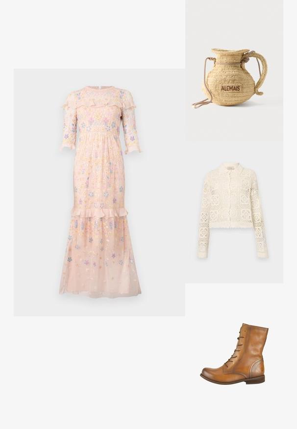 Cardigan en crochet blanc avec un col, présentant un motif carré complexe, des manches longues et des bords festonnés. Fermeture à boutons à l'avant.; Robe rose brodée en tissu léger, ornée de motifs floraux, avec un col à volants et des manches trois quarts.; Bottes de cheville en cuir marron avec une texture lisse, bout rond, six œillets pour lacets et un logo embossé subtil sur le talon.; Sac à main rond en paille tissée avec une anse en corde et "ALEMAIS" brodé sur le côté en fil marron.