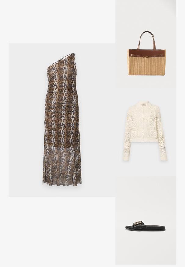 Hvid hæklede cardigan med krave, prydet med et indviklet firkantet mønster, lange ærmer og bølgede kanter. Knaplukning foran.; Én skulder, gulvlængde kjole med brun, sort og hvid dyreprint og et let rucheret design på en hvid baggrund.; Sorte lædersandaler med slidser, der har en bred rem, metallisk spænde, flad sål og glat tekstur. Enkel og elegant design.; Rektangulær vævet stråtaske med brun læderkant, slankt bælte-detalje og to læderhåndtag mod en ensfarvet lys baggrund.