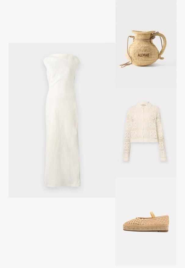 Cardigan en crochet blanc avec un col, présentant un motif carré complexe, des manches longues et des bords festonnés. Fermeture à boutons à l'avant.; Robe maxi en lin blanc avec un décolleté bardot, une silhouette ajustée et un ourlet droit. Présente un tissu texturé pour un détail supplémentaire.; Loeffler Randall KAYLA - Espadrilles - natural; Sac à main rond en paille tissée avec une anse en corde et "ALEMAIS" brodé sur le côté en fil marron.