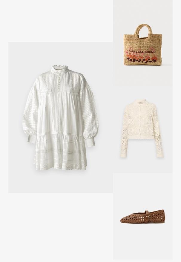Cardigan en crochet blanc avec un col, présentant un motif carré complexe, des manches longues et des bords festonnés. Fermeture à boutons à l'avant.; Vanessa Bruno DIANE - Robe de jour - blanc; Chaussure plate marron tissée avec sangle ajustable et boucle dorée, featuring un bout fermé et un design en treillis respirant.; Sac cabas en raphia tannée tissé à la main avec poignées arrondies, brodé de "VANESSA BRUNO" et orné de motifs floraux roses, orange et violet.