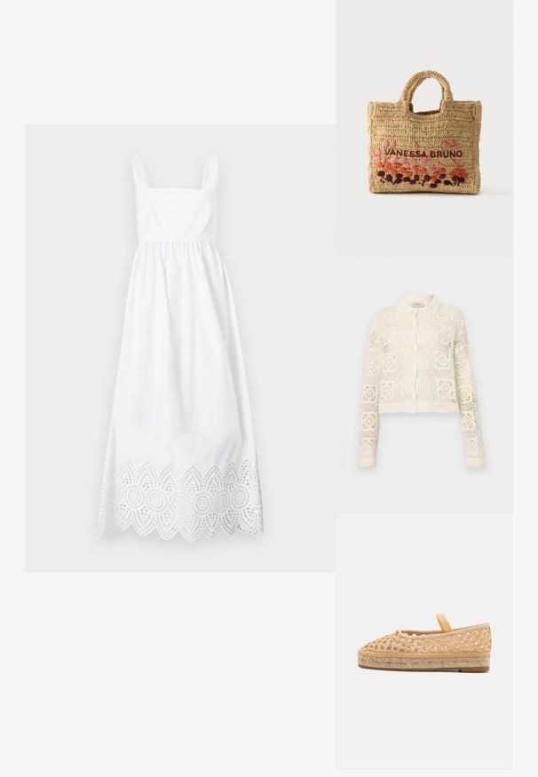 Cardigan en crochet blanc avec un col, présentant un motif carré complexe, des manches longues et des bords festonnés. Fermeture à boutons à l'avant.; Robe maxi blanche sans manches avec un décolleté carré et un bord en dentelle délicatement festonné.; Loeffler Randall KAYLA - Espadrilles - natural; Sac cabas en raphia tannée tissé à la main avec poignées arrondies, brodé de "VANESSA BRUNO" et orné de motifs floraux roses, orange et violet.