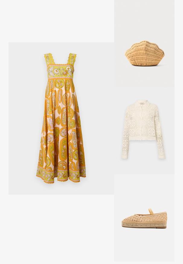 Hvid hæklede cardigan med krave, prydet med et indviklet firkantet mønster, lange ærmer og bølgede kanter. Knaplukning foran.; Maxi kjole i livlige orange og gule polyester med paisley mønster. Har skællede stropper og dekorativt trim langs udskæringen og kanten.; Loeffler Randall KAYLA - Espadrilles - natural; Vævet rattan håndtaske formet som en kammusling med naturlig lysebrun farve og afrundede, strukturerede kanter.