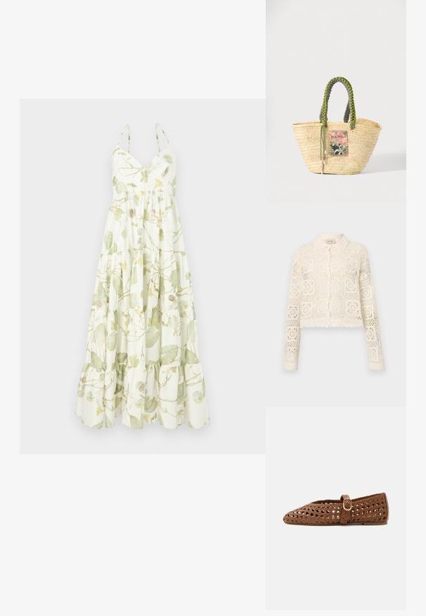 Hvid hæklede cardigan med krave, prydet med et indviklet firkantet mønster, lange ærmer og bølgede kanter. Knaplukning foran.; Maxi kjole i let materiale med et blomstermønster i grønne og gule nuancer, med en v-udskæring og tieret flæsekant.; Brun flettet flad sko med justerbar rem og guldsplint, der har lukket tå og åndbart gitterdesign.; Vævet beige stråtaske med flettede grønne og sorte håndtag og en farverig rektangulær lap foran.