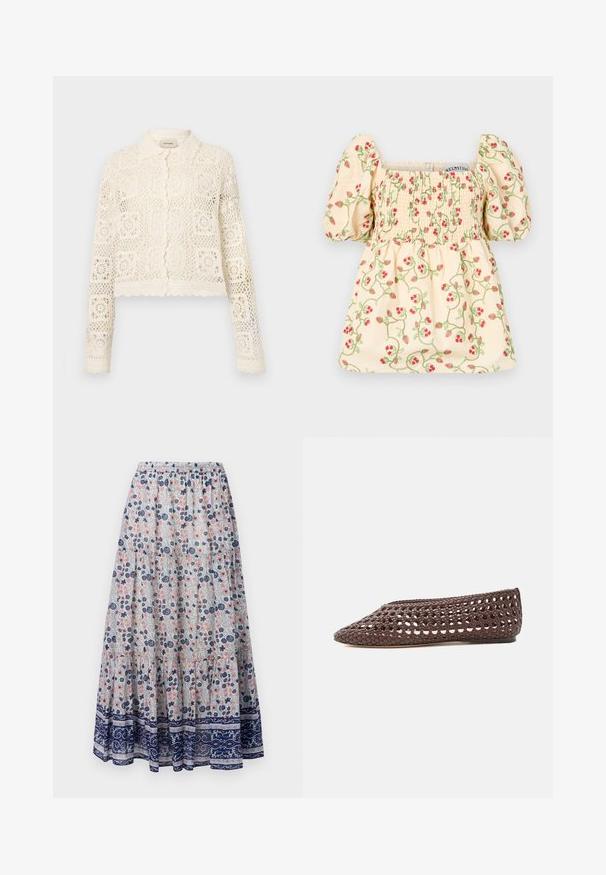Hvid hæklede cardigan med krave, prydet med et indviklet firkantet mønster, lange ærmer og bølgede kanter. Knaplukning foran.; Cremefarvet bluse med puffede ærmer, der har smock-detaljer og blomsterbroderi af røde jordbær og grønne vinstokke.; Blomstret maxiskørt med grå baggrund, prydet med lyserøde og blå blomster, lagdelt design og en marineblå mønstret kant. Elastisk talje.; Brun flad sko med vævet åbent design og lukket rundet tå, vist fra siden på en lys baggrund.