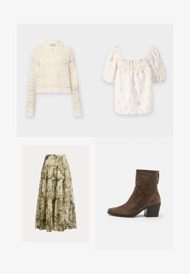 Cardigan en crochet blanc avec un col, présentant un motif carré complexe, des manches longues et des bords festonnés. Fermeture à boutons à l'avant.; Blouse florale avec un décolleté carré, des manches bouffantes et un élastique froncé en haut. Elle présente un fond crème clair avec des imprimés floraux multicolores.; Jupe maxi avec couches superposées et imprimé feuilles tropicales vert olive sur tissu beige, fluide et légère.; Bottes à chevilles en suede marron avec un bout pointu, une fermeture éclair sur le côté et un talon épais. Présente une texture lisse et des détails de couture minimalistes.