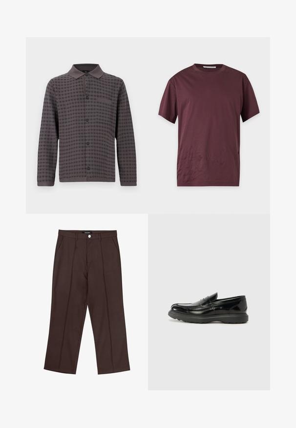 Langærmet skjorte med knapper, tekstureret geometrisk mønster, brystlomme foran og mørkegrå farve.; T-shirt med korte ærmer og rund hals i ensfarvet mørk burgunder, vist fladt mod en lys baggrund.; Brune lige ben bukser med frontfolder, lommer i siden, bæltestropper og en mærke knaplukning i taljen.; Sort læderloafer med en blank finish, rund tå, subtile syninger og en tyk gummisål for holdbarhed.
