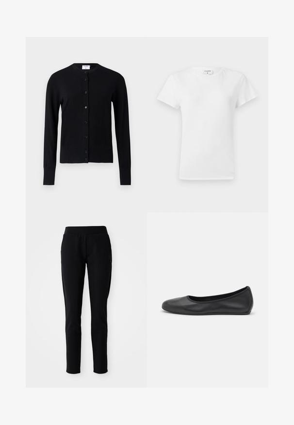 Zwarte cardigan van zacht materiaal met een ronde halslijn, lange mouwen en een knoopsluiting met zes knopen.; Witte katoenen t-shirt met ronde hals en korte mouwen, met een relaxed fit en een minimalistisch ontwerp. Etiket zichtbaar aan de hals.; Zwarte sportbroek met een aangesloten silhouet, elastische tailleband en zijzakken met een subtiel logo op het linkerpantalon.; Zwarte leren ballerina met een ronde neus, gladde textuur, minimale stikdetails en een flexibele zoolontwerp.