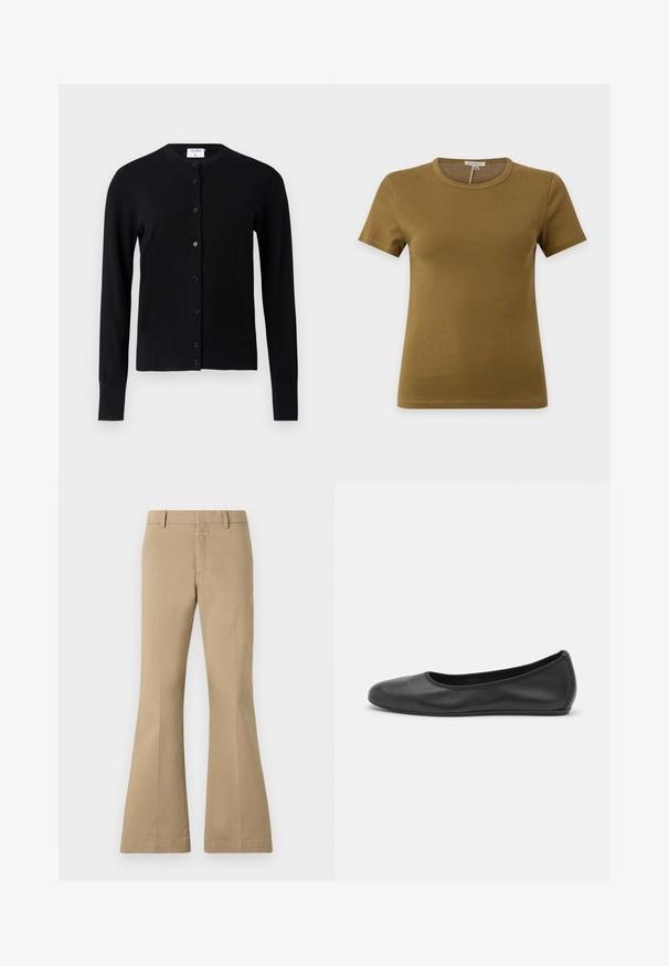 Sort cardigan lavet af blødt stof med rund halsudskæring, lange ærmer og en knaplukning med seks knapper.; Ensfarvet olivengrøn t-shirt med korte ærmer og rund hals, vist på en grå baggrund med synlige sømdetaljer forfra.; CLOSED FELISE - Bukser - urban beige; Sort læderballetsko med rund tå, glat tekstur, minimal syning og et fleksibelt såldesign.