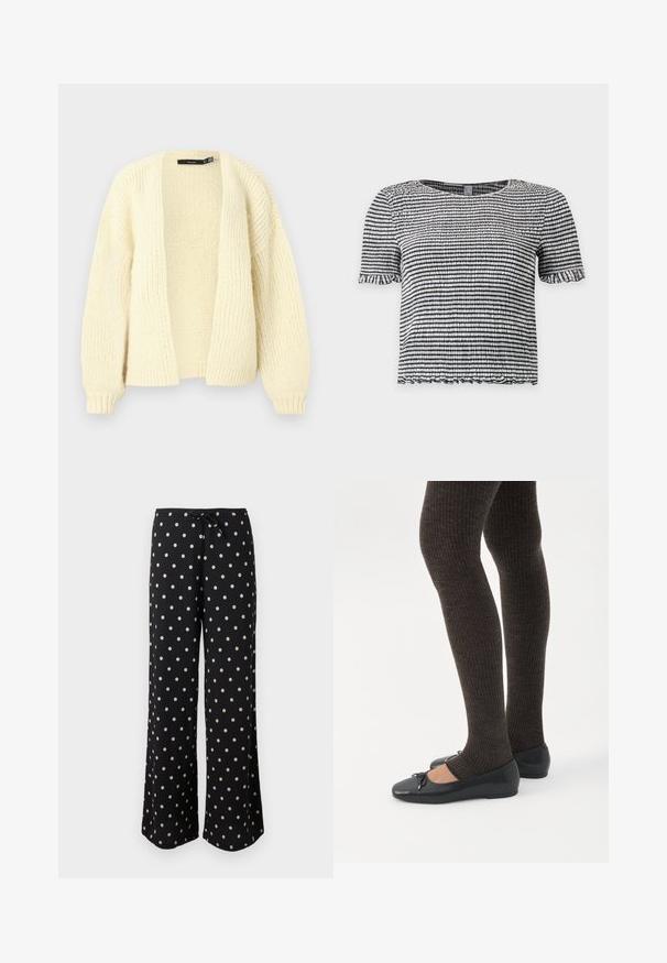 Cardigan tricoté couleur crème à ouverture devant, manches longues et poignets côtelés, présenté sur un fond uni clair.; Haut à manches courtes rayé noir et blanc en tissu texturé smocké avec des bords volantés aux manches et à l’ourlet.; Pantalon noir à jambes larges avec des pois blancs et une taille à cordon noir.; Jambes portant des leggings côtelés foncés associés à des ballerines noires avec de petits détails en nœud sur fond blanc.