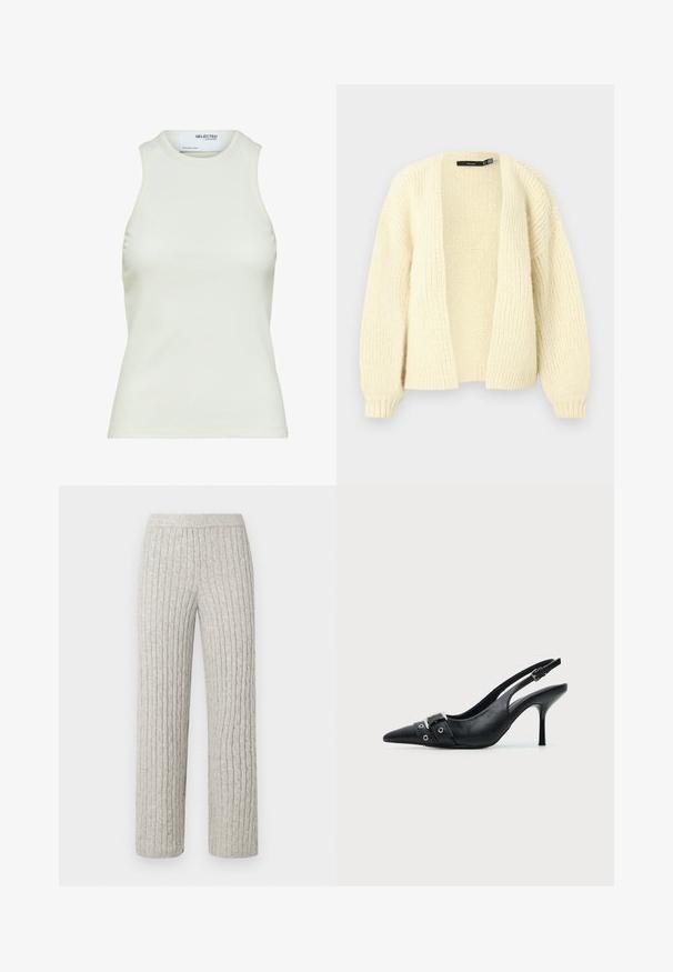 Cremefarbener gestrickter Cardigan mit offenem Vorderteil, langen Ärmeln und gerippten Bündchen, dargestellt vor einem schlichten hellen Hintergrund.; Ärmelloses weißes geripptes Tanktop mit rundem Ausschnitt von Selected Femme, zeigt Vorderansicht ohne Muster oder Dekorationen.; GAP Petite CABLE PANT - Stoffhose - grey; Schwarzer Leder Slingback-Pumps mit spitzer Vorderkappe und einem Schnallen- und Ösenriemen vorne.