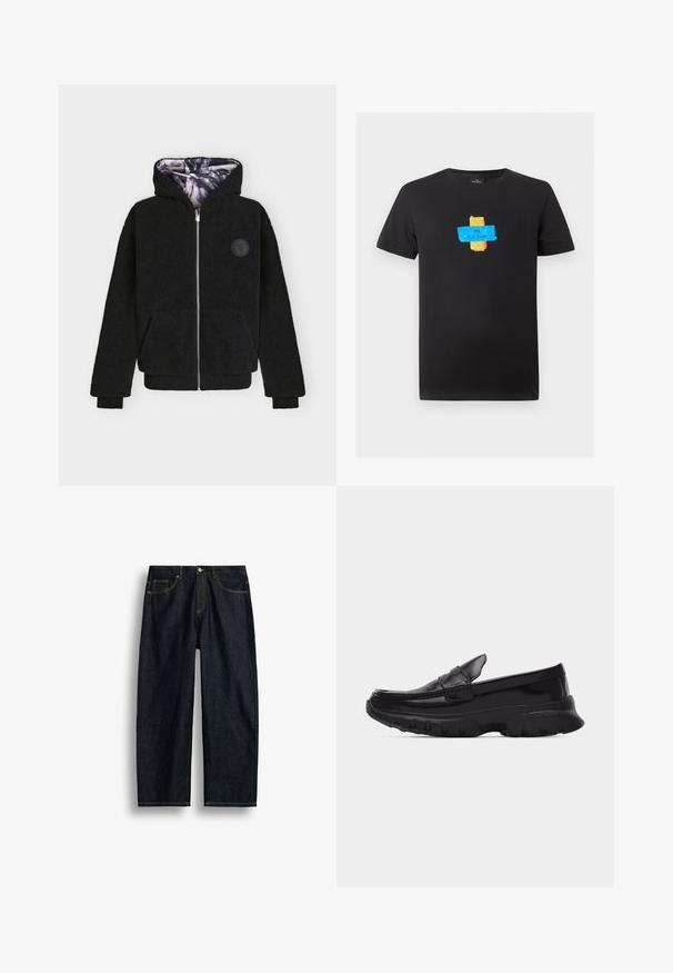 Veste à capuche noire duveteuse avec fermeture éclair, poches avant, poignets et ourlet côtelés, et doublure intérieure de capuche violette tie-dye.; T-shirt noir à manches courtes avec un graphique ruban coloré bleu, or et rose centré, avec le texte « PS Paul Smith » sur le ruban bleu.; Jean en denim bleu foncé à coupe droite avec couture jaune, poches avant et fermeture par bouton à la taille.; Mocassin noir brillant avec semelle épaisse texturée et détails cousus, profil latéral sur fond gris clair uni.