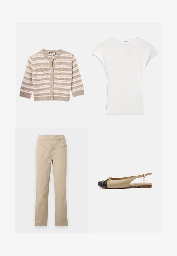 Cárdigan a rayas beige y crema con cuello redondo, cierre de botones, dos bolsillos delanteros y patrón de punto texturizado.; Camisa blanca de manga corta hecha de una suave tela de canalé. Cuello redondo; corte holgado con ligeras mangas tipo capucha. Etiqueta de la marca visible en el cuello.; Pantalones de algodón beige con diseño de pierna recta, que cuentan con un cierre frontal con botón, dos bolsillos frontales y detalles de costura sutiles.; Zapato plano beige tipo slingback con puntera negra, pequeño detalle de lazo, correa ajustable con hebilla y adorno dorado en el lateral.