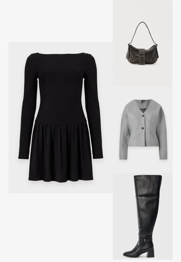Grauer Wollblazer mit langen Ärmeln, V-Ausschnitt, zwei schwarzen Knöpfen und leicht taillierter Passform.; Schwarzes Kleid mit langen Ärmeln, tailliertem Oberteil und ausgestelltem, gerafftem Rock, dargestellt auf weißem Hintergrund.; Schwarzer knöchelhoher Lederstiefel mit Blockabsatz und dekorativem Riemen mit goldener Schnalle oberhalb des Knöchels, Seitenansicht auf weißem Hintergrund.; Schwarze Leder-Schultertasche mit Schnallengurt-Detail, abgerundeten Kanten und kontrastierenden weißen Nähten auf schlichtem Hintergrund.