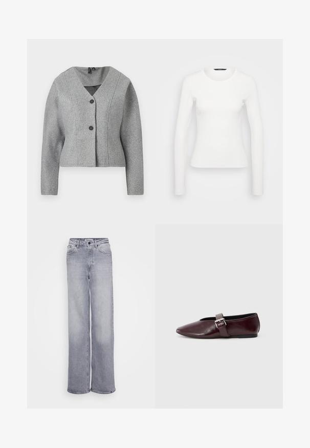 Grå uldblazer med lange ærmer, V-hals, to sorte knapper og let figursyet talje.; Hvid langærmet ribbet skjorte med rund halsudskæring og tætsiddende silhuet. Glat tekstur med et enkelt design, uden mønstre eller accenter.; ONLY Tall ONLJUICY WIDE LEG - Wide leg - medium grey denim; Bordeaux læder ballerina sko med spidse tæer, flad sål og en dekorativ spænde-strop over vristen. Glat, blank tekstur.