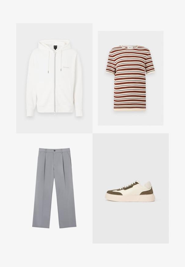 Sweat à capuche blanc zippé en tissu doux, doté d'une capuche avec cordon, de poignets côtelés et d'un petit patch logo sur la poitrine.; Pull tricoté à manches courtes avec des rayures horizontales crème, noir, rouille et vert olive, avec un col rond.; Pantalons plissés gris à coupe décontractée, en tissu léger. Comprend des poches avant et une fermeture à bouton à la taille.; Sneaker basse avec semelle beige, corps crème et détails en daim vert olive, dotée de lacets blancs et d'une étiquette de marque sur le côté.