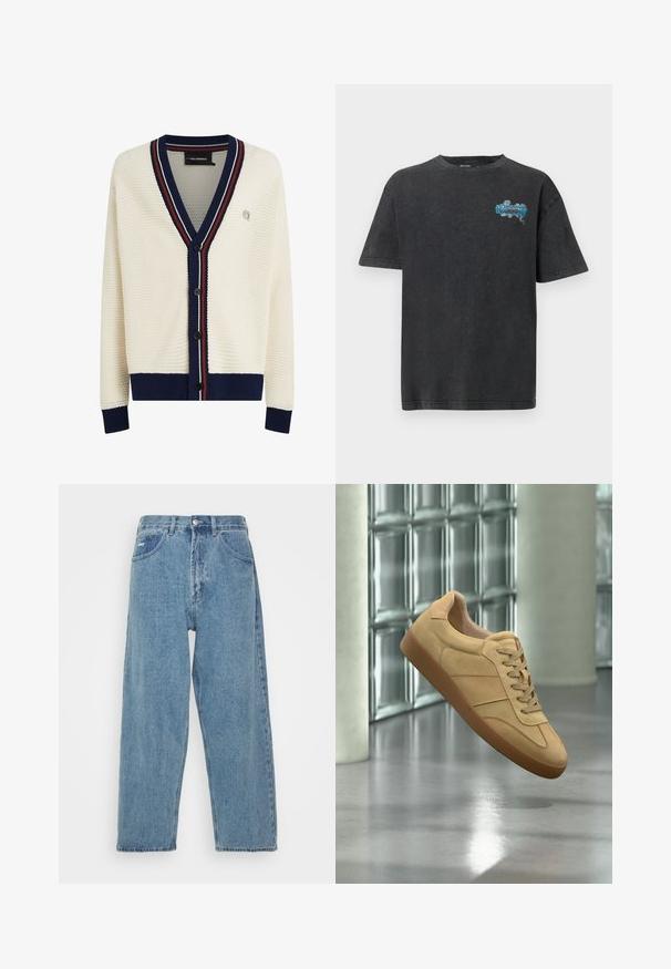Strikket cardigan i cremefarve med V-hals, marineblå ribkant og røde og hvide striber. Indeholder fem sorte knapper og tekstureret mønster.; Sort T-shirt med korte ærmer og falmet tekstur samt et lille blåt "Nissan"-motiv på øverste venstre bryst.; Lyseblå denim jeans med høj talje og afslappet pasform, der har to forlommer, en baglomme og knaplukning.; Beige ruskind sneaker med gummisål, snørelukning, svæver indendørs på poleret betongulv nær glasblokvæg.