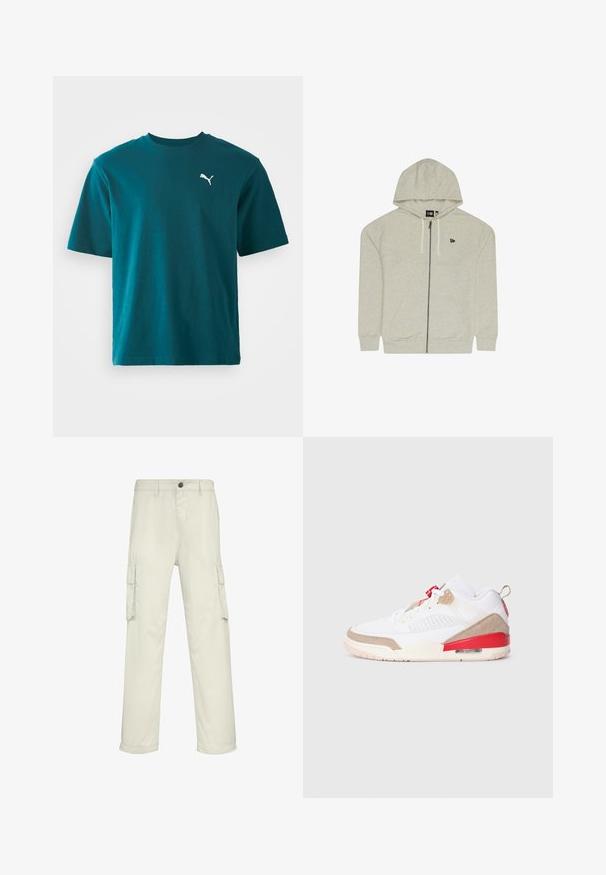 Hellgraue Zip-Hoodie aus weichem Material, mit Kapuze, Kordeln und zwei Vorderentaschen. Kleines Logo in der oberen linken Ecke.; Türaqua Baumwoll-T-Shirt mit kurzen Ärmeln, Rundhalsausschnitt und einem weißen Puma-Logo auf der linken Brust; glatte Textur und normale Passform.; Beige Cargo-Hosen aus einem Baumwollgemisch, mit sechs Taschen, geraden Beinen und einem Knopfverschluss am Bund.; Weiße Sneaker mit beigen Wildlederakzenten, roten Details und Mesh-Einsätzen. Verfügt über eine runde Zehenpartie und Luftpolsterung in der Sohle für Komfort.