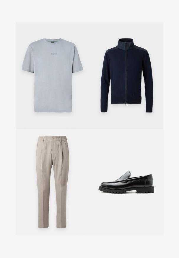 Marineblå zip-up jakke med høj krave, elastiske ærmer og teksturerede skulderdetaljer. Fremstillet af et strikket stof med glatte detaljer.; Lyseblå T-shirt med korte ærmer lavet af blødt stof med rund hals. Har en broderet "BOSS" logo på brystet.; Beige skræddersyede bukser med en glat overflade, der har knaplukning, elastisk talje og to forlommer. Lige ben-design.; Sort læderloafer med chunky gummisål, syet overdel og præget mærkenavn på hælen, vist i sideprofil på hvid baggrund.