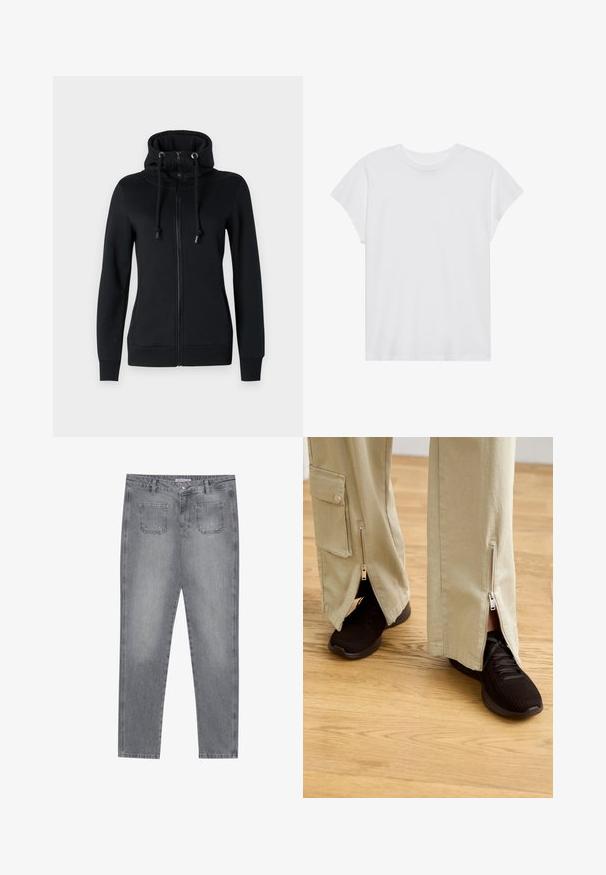 Schwarzer Zip-Hoodie mit hohem Kragen und Kordelzugkapuze, ausgestattet mit langen Ärmeln und gerippten Bündchen. Hergestellt aus weichem, elastischem Stoff.; Weißes kurzärmliges T-Shirt mit Rundhalsausschnitt, lockerer Passform, aus weichem Baumwollstoff. Glatte Textur, keine Muster oder Logos.; Graue Denim-Jeans mit geradem Schnitt, fünf Taschen und Knopfverschluss. Verfügt über eine helle Waschung und klassische Nahtdetails.; Beige weite Hosen mit Reißverschlüssen an den Knöcheln, kombiniert mit schwarzen Sportschuhen mit strukturiertem Obermaterial und gepolsterter Sohle.