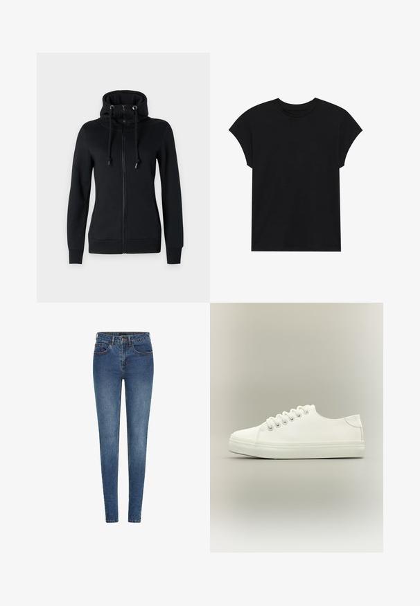 Schwarzer Zip-Hoodie mit hohem Kragen und Kordelzugkapuze, ausgestattet mit langen Ärmeln und gerippten Bündchen. Hergestellt aus weichem, elastischem Stoff.; Schwarzes Baumwoll-T-Shirt mit Rundhalsausschnitt, kurzen Ärmeln und entspannter Passform. Glatte Textur und keine sichtbaren Muster oder Verzierungen.; Schlanke Jeans aus dunkelblauem Denim, mit mittelhohem Bund, fünf Taschen und kontrastierenden Nähten. Glatte Textur mit leichtem Stretch.; Weißer Low-Top-Sneaker mit weißen Schnürsenkeln und Gummisohle, seitlich auf neutralem Hintergrund dargestellt.