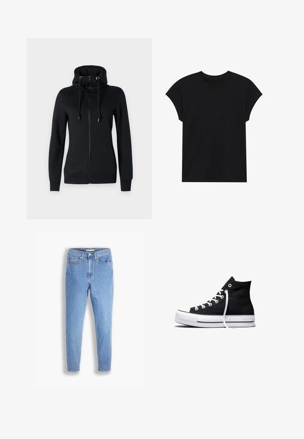 Schwarzer Zip-Hoodie mit hohem Kragen und Kordelzugkapuze, ausgestattet mit langen Ärmeln und gerippten Bündchen. Hergestellt aus weichem, elastischem Stoff.; Schwarzes Baumwoll-T-Shirt mit Rundhalsausschnitt, kurzen Ärmeln und entspannter Passform. Glatte Textur und keine sichtbaren Muster oder Verzierungen.; Hellblaue, hoch-taillierte, schmale Jeans mit vorderen und hinteren Taschen, Knopfverschluss und Gürtelschlaufen auf weißem Hintergrund.; Schwarzer High-Top-Canvas-Sneaker mit weißer Gummisohle und weißen Schnürsenkeln, seitlich dargestellt vor weißem Hintergrund.
