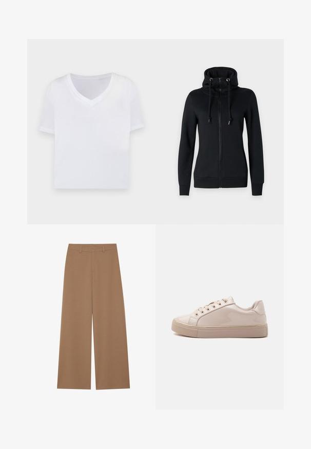 Sort zip-up hoodie med høj krave og snørehætte, med lange ærmer og ribbede manchetter. Lavet af blødt, strækbart stof.; Hvid cropped t-shirt med v-hals, korte ærmer og et glat, let materiale. Ingen mønstre eller synlig hardware. Simpelt design.; Vide benbukser i en ensfarvet brun farve, lavet af et tekstureret stof; har høj talje og struktureret design med bæltestropper.; Skinnende beige sneaker med lav ankel, snørebånd, gyldne snørehuller og en tyk gummisål, vist fra siden på en ensfarvet hvid baggrund.