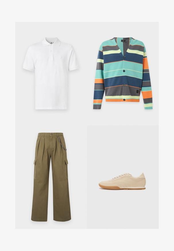 Cardigan boutonné avec de larges rayures horizontales en bleu sarcelle, bleu marine, gris, orange et jaune pâle, avec un col en V profond et des manches longues.; Polo shirt blanc en coton, doté d'un col classique, de manches courtes et d'un logo subtil brodé sur la poitrine.; Pantalon cargo à jambes larges vert olive avec des plis, des poches latérales à rabat, une fermeture par boutons et une chaîne argentée décorative sur la ceinture avant droite.; Baskets en daim beige au design épuré, présentant une tige texturée, un bout rond et une semelle en caoutchouc avec un motif en zigzag.