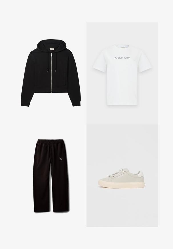 Sort hættejakke med lynlås, snoretræk i hætte, to frontlommer og lange ærmer, croppet ved taljen, ensfarvet design.; Hvid bomulds t-shirt med rund hals og korte ærmer. Den viser teksten "Calvin Klein" i grå på tværs af brystet.; Sorte vidde bukser med elastisk taljebånd og sidelommer, med en lille Calvin Klein-logo patch på højre lår.; Lys grå sneaker med en glat tekstur, rund tå og hvide snørebånd. Har en beige sål og diskret branding på siden.