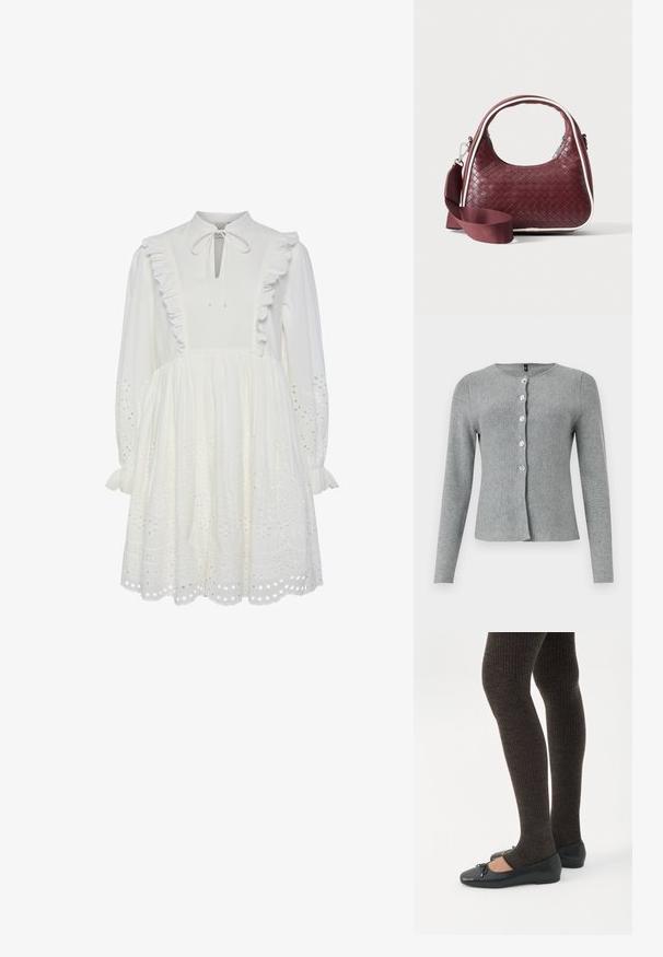 Grijze lange mouw cardigan, ronde halslijn, met vijf doorzichtige knopen aan de voorkant, gemaakt van een zachte gebreide stof met een gladde textuur.; Witte katoenen jurk met een hoge hals, gerimpelde afwerking en gestrikt nekteken. Beschikt over lange mouwen en geborduurde oogjespatronen aan de zoom.; Benen met donkere geribbelde leggings gecombineerd met zwarte ballerina's met kleine strikdetails op een witte achtergrond.; Donkerrode geweven leren handtas met gebogen handvat, witte bies, zilveren rits en afneembare brede stoffen schouderriem tegen een effen achtergrond.