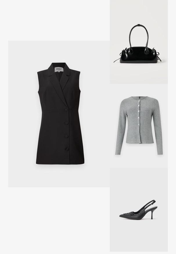 Cárdigan largo gris de manga larga, con cuello redondo, que cuenta con cinco botones transparentes en la parte delantera, fabricado en un material de punto suave con una textura lisa.; Vestido negro sin mangas con un cuello estructurado, escote en V y cinco botones frontales, que presenta una silueta ajustada y una textura de tela suave.; Sandal de tacón stiletto negro de cuero con punta afilada, correa lateral con hebilla, tachuelas a lo largo del borde y cordones decorativos en la parte delantera.; Pequeño bolso negro brillante con dos asas largas y detalles de cordón lateral sobre un fondo claro liso.