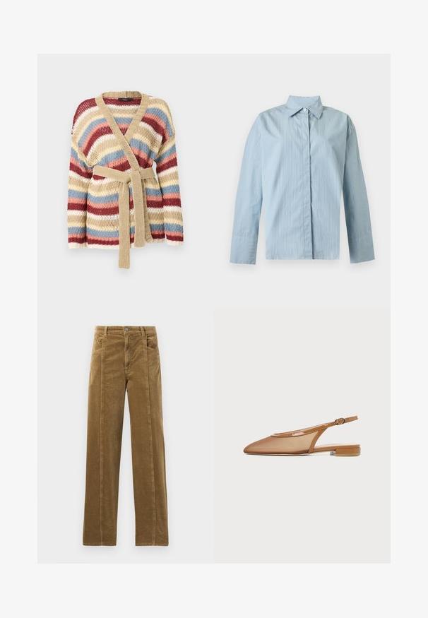 Cárdigan de punto con rayas horizontales anchas en beige, rojo, blanco, azul y rosa, con cinturón de punto beige y cuello en V.; Camisa azul claro de manga larga con finas rayas verticales blancas, cuello puntiagudo, un solo botón blanco visible y tapeta frontal oculta.; Pantalones de pana marrones con un diseño de pierna recta, que presentan bolsillos frontales y costuras visibles a lo largo de las uniones. Tejido texturizado con ribetes estrechos.; Zapato plano marrón con tiras traseras, puntera puntiaguda, parte superior de malla, ribete patentado y pequeño tacón ancho, mostrado de perfil.