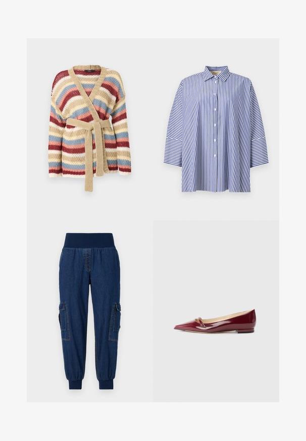 Strikket cardigan med brede vandrette striber i beige, rød, hvid, blå og pink, med et beige strikkebælte og V-udskæring.; Blå og hvide vertikalt stribede skjorte med knapper, brede ærmer og spids krave, vist mod en lysegrå baggrund.; Denim joggerbukser med en bred elastisk talje, to sidelommer og ribbede ankler; mørkeblå farve med kontraststing.; Bordeaux patenteret læderballerinaer med spids tå, der har en lille udskæring og en lav hæl. Glat tekstur og elegant design.