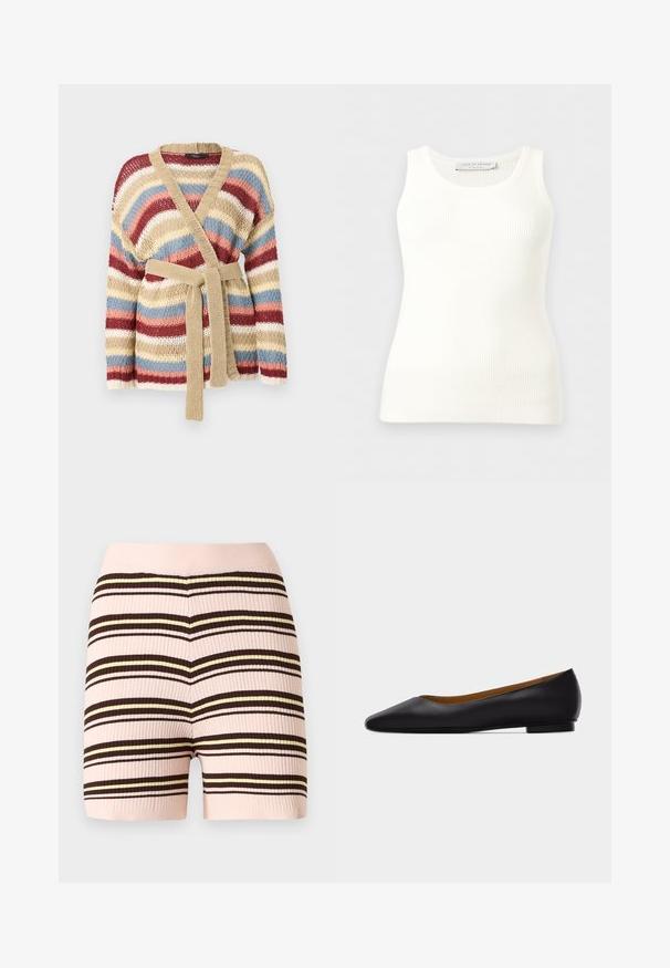 Cardigan tricoté avec de larges rayures horizontales en beige, rouge, blanc, bleu et rose, doté d'une ceinture tricotée beige et d'un col en V.; Débardeur blanc côtelé sans manches avec encolure ronde, coupe ajustée, et étiquette de la marque à l'intérieur du col arrière.; Short en maille côtelée rose pâle avec des rayures horizontales marron et jaune clair, doté d'une taille haute.; Chaussure plate en cuir noir à bout pointu avec talon bas et finition lisse, vue de côté sur un fond gris clair.