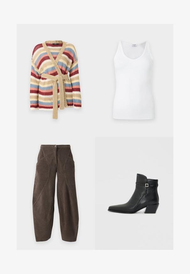 Strikket cardigan med brede vandrette striber i beige, rød, hvid, blå og pink, med et beige strikkebælte og V-udskæring.; Hvid V-hals ærmeløs dametop med tynde skulderstropper, vist mod en ensfarvet lys grå baggrund.; Brune bredbenede fløjlsbukser med høj talje, frontknaplukning og skrå sømdetaljer på benene.; Sorte læder ankelstøvler med spids tå, en lav blokhæl og en dekorativ rem med en sølvspænde accent. Glat tekstur.