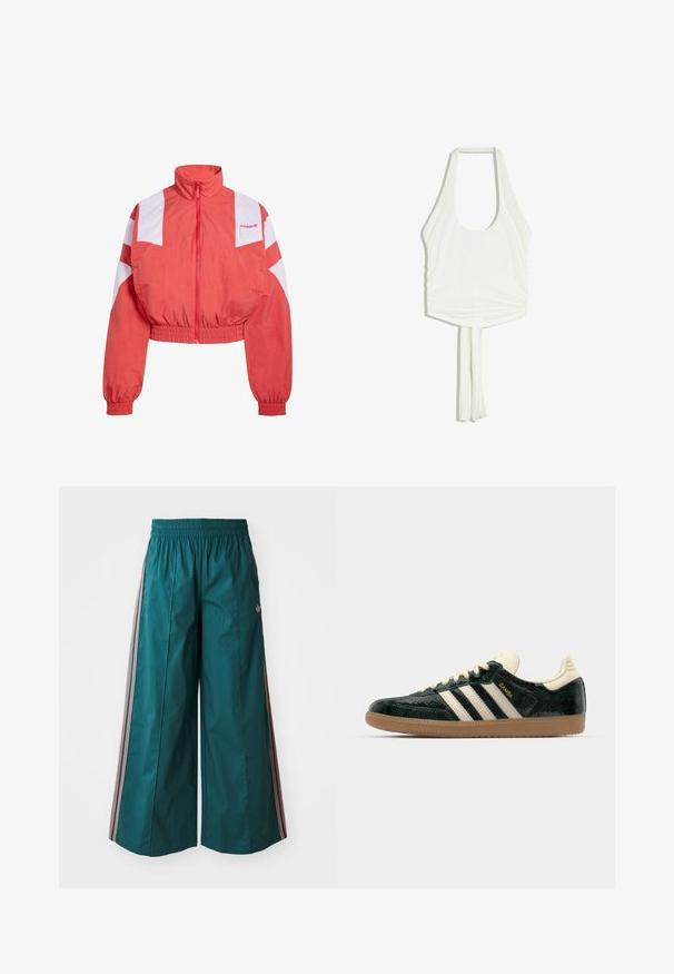 adidas Originals Sweatjakke - better scarlet; Hvid ærmeløs halterneck-top med rund udskæring og to lange stofbånd, der hænger fra midten forneden.; Teal brede bukser med elastisk talje, prydet med stribede detaljer i pink og hvid på siderne, lavet af letvægtsstof.; adidas Originals SAMBA OG - Sneakers - cream white/collegiate green